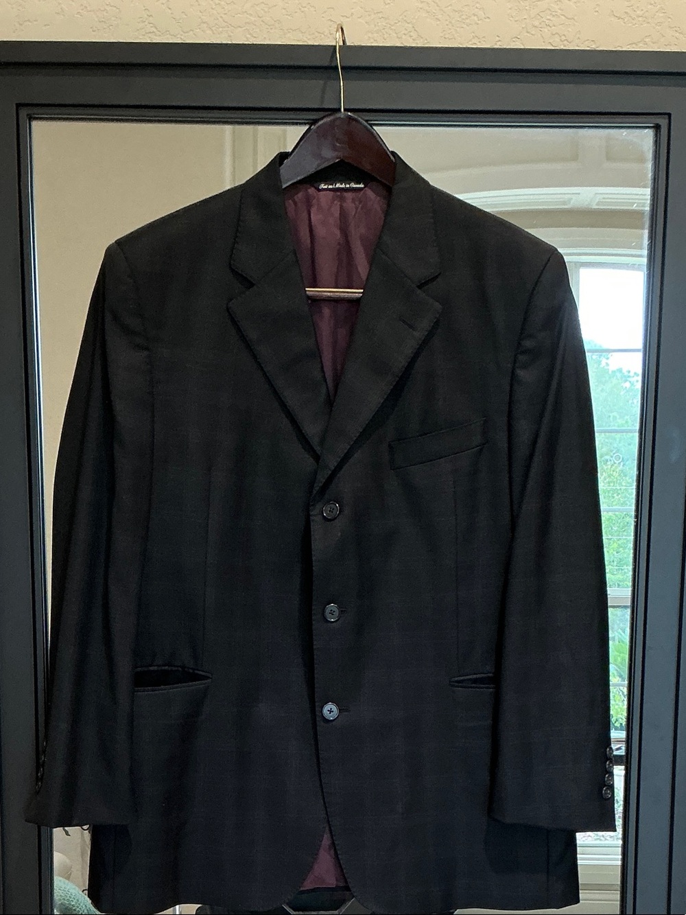 Men's Black Three-Button Sport Coat with Burgundy Lining